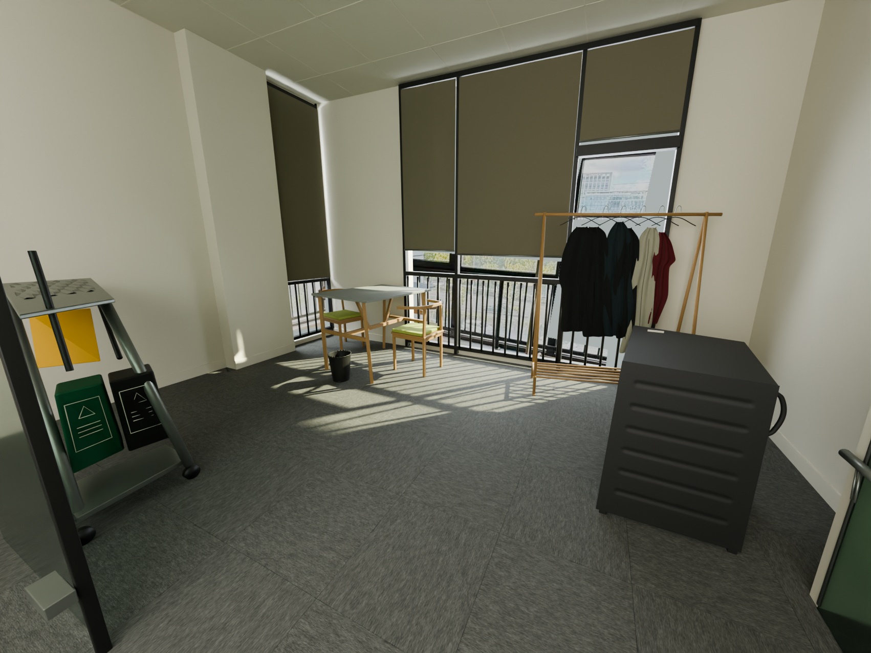 Real2Sim 房间重建案例的实际渲染,包含窗户、桌椅、衣架与柜体